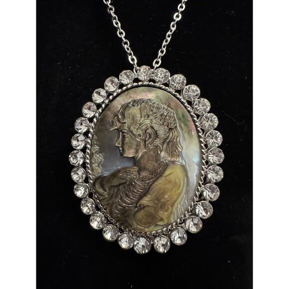 Vintage Abalone Cameo Pendant Brooch w Rhinestones on 24 Inch Silver Tone Chain - Picture 2 of 8